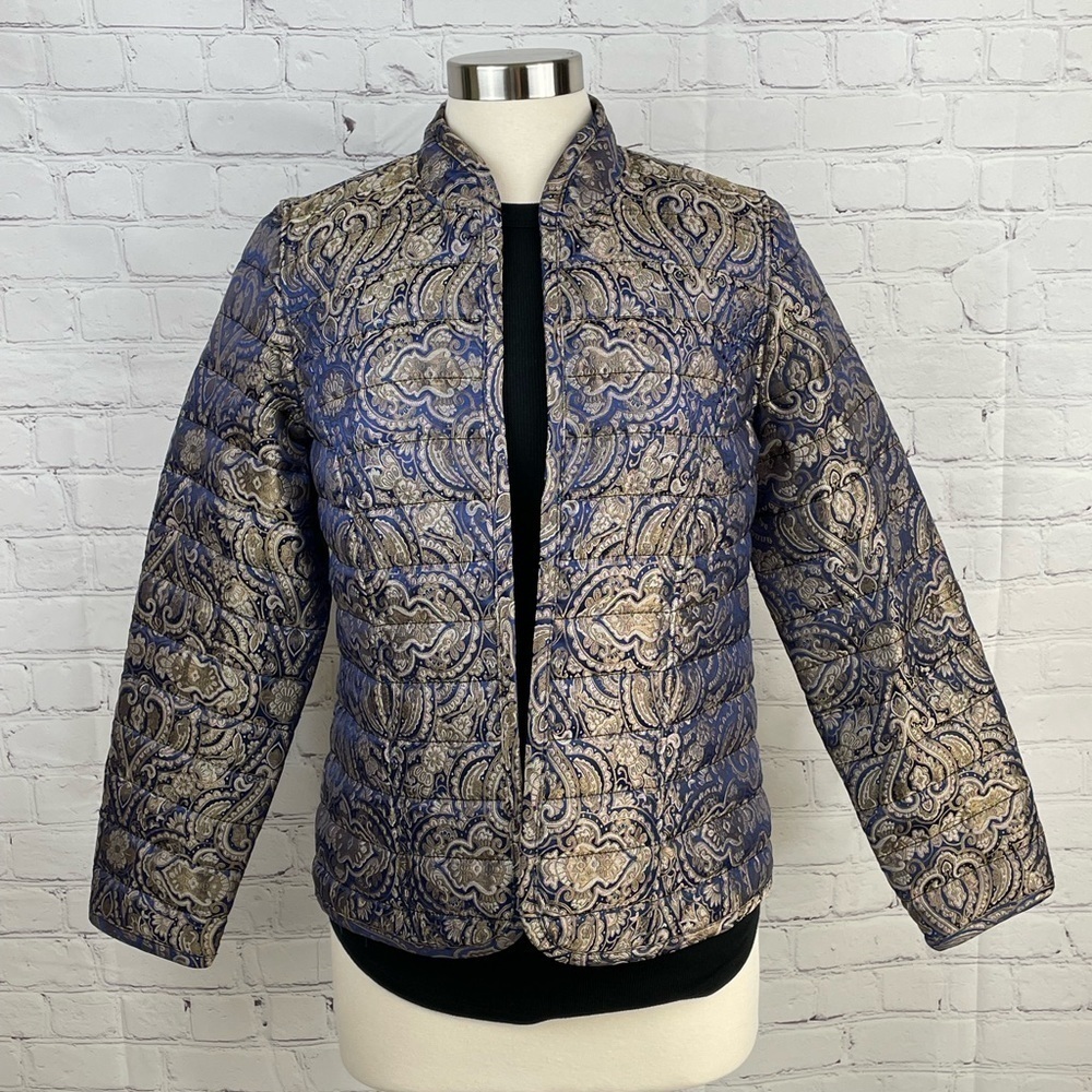 Chico's 0 (US Size 4/6) Women's Blue/Taupe Paisley Open Front Jacket
